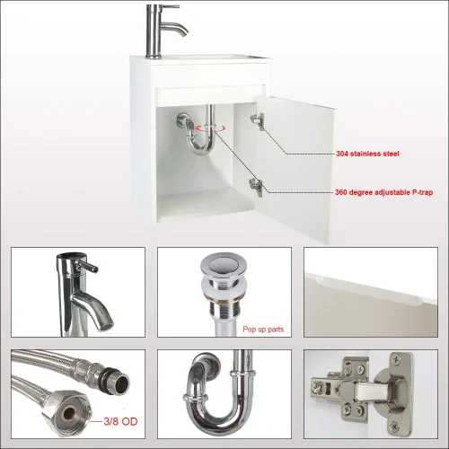 Miniatura 7 de Tocador de baño blanco con fregadero de cerámica combinado, tocador de baño de montaje en pared, 16 pulgadas de largo x 9.8 pulgadas de ancho x 20.3