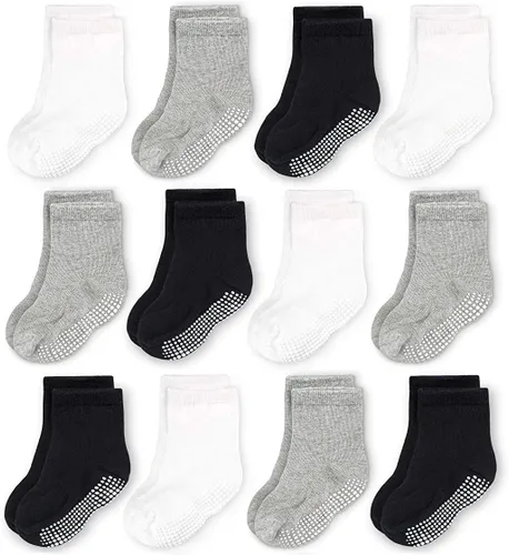 CozyWay - Medias antideslizantes para niños con agarre, 12 pares de calcetines antideslizantes para niños y niñas de 1 a 9 años, Unisex, 5-7 años