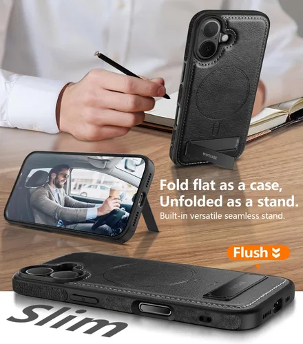 Miniatura 2 de WTCASE Funda magnética de piel para iPhone 17, soporte invisible integrado [compatible con Magsafe], funda protectora delgada con función atril