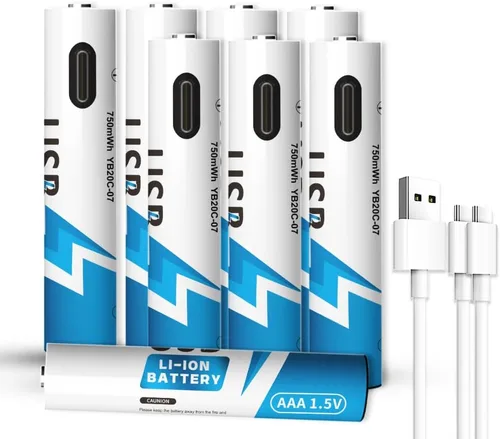Miniatura 7 de Paquete de 4 baterías de litio recargables AAA USB-C, batería recargable de litio de 750 mWh, salida constante de 1.5 V, carga rápida de 1 hora