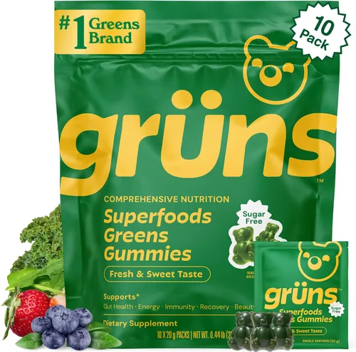 Gruns Gomitas Super Greens Sin Azúcar, Ositos de Goma Multivitamínicos de Superalimentos, Espirulina, Clorela, Prebióticos y Gomitas de Fibra para