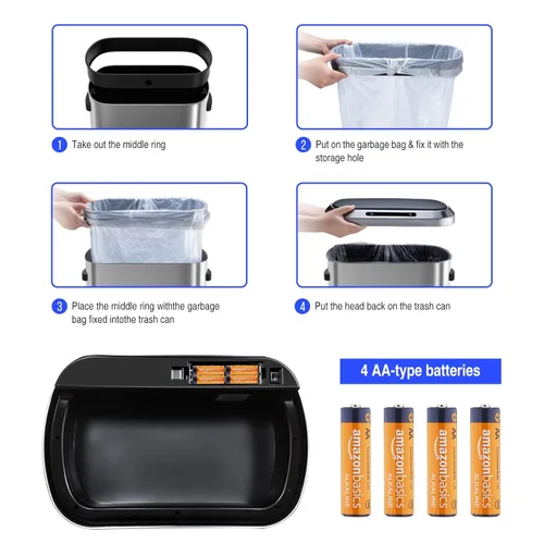 Miniatura 7 de Bote de basura automático inteligente de 13 galones con tapa de sensor de movimiento, cubo de basura de acero inoxidable de 50 litros sin contacto