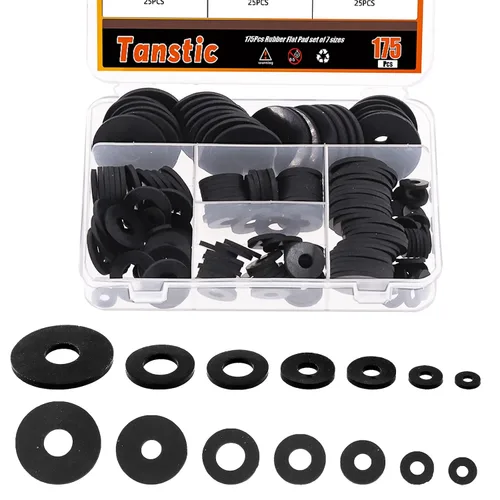 Tanstic Kit surtido de arandelas de goma planas negras de 7 tamaños, almohadillas de amortiguación de vibraciones, arandelas de goma negra