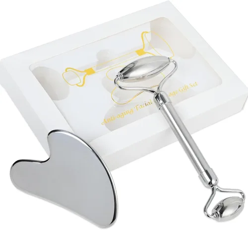 Juego de rodillos faciales Gua-Sha para el cuidado de la piel facial, herramienta de escultura de piedra de acero inoxidable, rodillo masajeador