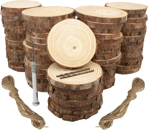 Miniatura 8 de Rebanadas de madera natural sin terminar, 80 círculos de madera de 3.2 a 4 pulgadas para manualidades, adornos de Navidad, kit de madera con broca