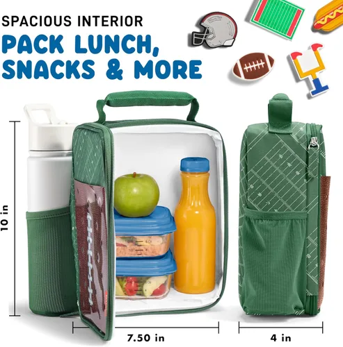 Miniatura 5 de Fit & Fresh Lonchera personalizable con dije para niños y niñas, lonchera infantil de fútbol con 6 dijes deportivos, bolsa de almuerzo reutilizable