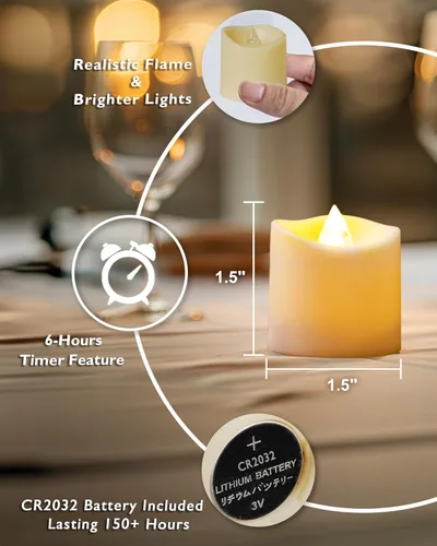 Miniatura 5 de Homemory - Paquete de 24 velas votivas LED sin llama con temporizador, luz de té de larga duración, funcionamiento a pila con temporizadores, ciclo