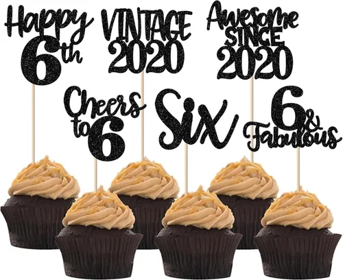 Miniatura 30 de Rsstarxi Paquete de 24 adornos para cupcakes vintage 2019 con purpurina negra para 5º cumpleaños, saludos a 5, cinco, 5, 5 fabulosos para cupcakes
