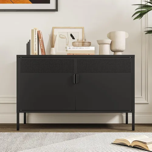 Chshin Gabinete de Almacenamiento de Metal con Puertas, Gabinete de Acento Negro, Gabinetes de Almacenamiento de Clóset de Metal, Soporte de Medios