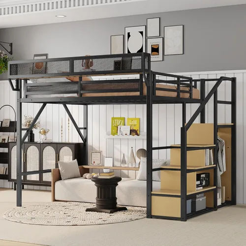 Miniatura 12 de KEIKI Estructura de Cama Loft de Metal Tamaño Twin con Escalera Convertible, Estantes de Almacenamiento Integrados y Armario, Cama Loft con Listones