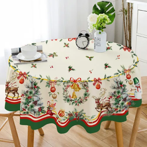 Miniatura 6 de Yighty Mantel Redondo de Navidad de 60 x 60 pulgadas, Mantel de Mesa de Decoración Navideña de Árbol y Alce, Poliéster Impermeable y Resistente a