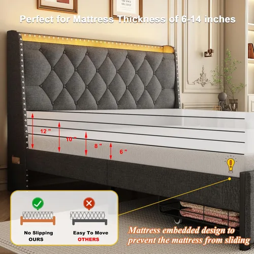 Miniatura 6 de Base de cama tamaño queen con cabecera de almacenamiento y 2 cajones, base de cama tapizada de lino con luces LED y estación de carga, no necesita