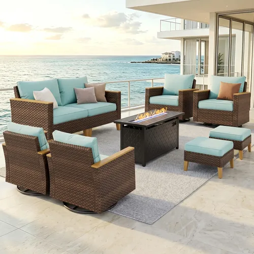 Miniatura 38 de PHI VILLA Otomana de mimbre para patio, 2 piezas, asiento otomano de mimbre para todo tipo de clima, reposapiés para exteriores con cojines