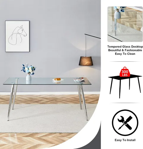 Miniatura 7 de A 71"x35.4" Heat Resistant Clear Tempered Glass Dining Table with Silver Metal Legs