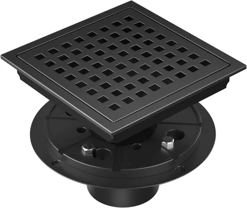 EXF Drenaje de ducha cuadrado de 6 pulgadas con base de brida ABS, drenaje de piso de acero inoxidable 304 negro mate, rejilla extraíble y colador