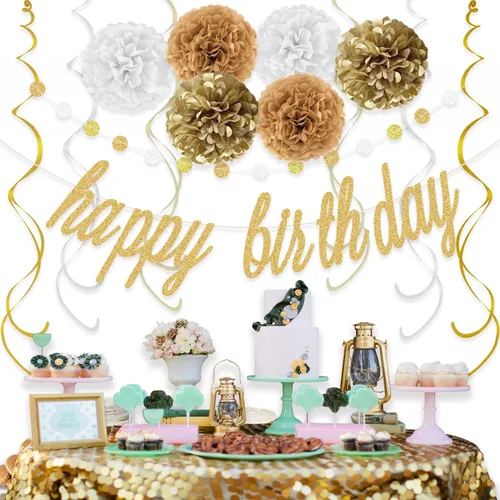 Miniatura 5 de KOKAR Decoraciones doradas de feliz cumpleaños: pancarta dorada de feliz cumpleaños, pompones de papel, remolinos colgantes y guirnalda de puntos