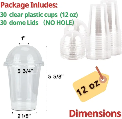 Miniatura 2 de Vasos de plástico transparente de 12 onzas con tapas de cúpula sin agujero, (30 juegos), taza de postre desechable para PET, taza de parfait