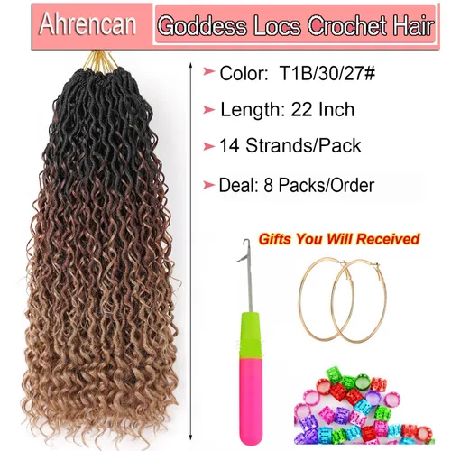 Miniatura 3 de Cabello de Ganchillo Goddess Locs Bohemio de Tres Tonos de 22 Pulgadas, 8 Paquetes de Cabello de Ganchillo Goddess Faux Locs con Extremos Rizados
