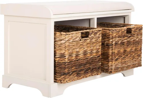Miniatura 8 de SAFAVIEH Home Collection Freddy Marrón/ Cesta de mimbre, banco de almacenamiento con 2 cajones y cojín, completamente ensamblado