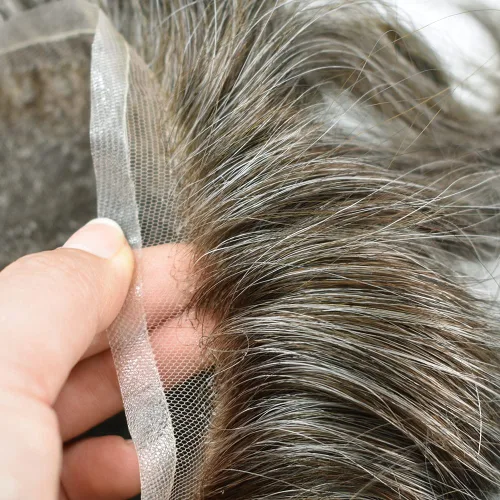 Miniatura 31 de Peluca tipo tupé para hombre, sistema de reemplazo de cabello humano europeo indetectable, encaje francés, nudos blanqueados, línea capilar natural