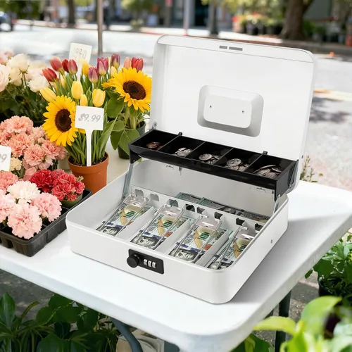 Miniatura 8 de Jssmst - Caja grande de seguridad de metal con bandeja para dinero; caja de dinero con cerradura de combinación, color blanco, SM-CB0511L Cerradura