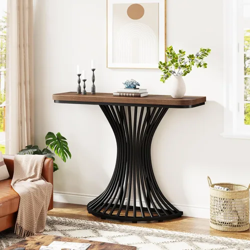 Miniatura 4 de Tribesigns Mesa de consola, mesa de entrada industrial con base geométrica de metal, mesa decorativa de sofá pequeño de 39 pulgadas para entrada