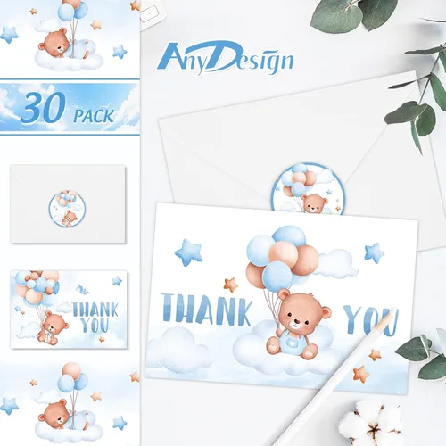 Miniatura 2 de AnyDesign Tarjetas de agradecimiento de oso para baby shower, paquete de 30 tarjetas de felicitación con globos de oso azul de dibujos animados