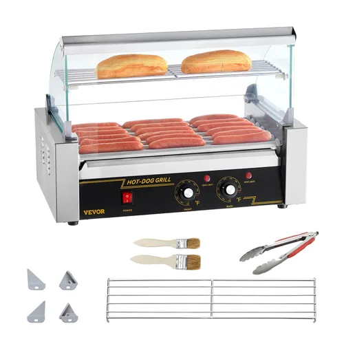 Miniatura 9 de VEVOR - Parrilla de rodillos para hot dogs y salchichas, de acero inoxidable, 1050 W, control doble de temperatura, tapa acrílica, bandeja