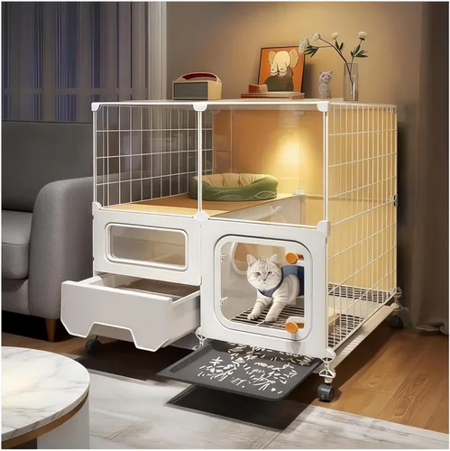 Jaula para gatos interior con caja de arena, cama para gatos de cortesía, arco, casa lcat con ruedas al aire libre, corralito grande para gatos,