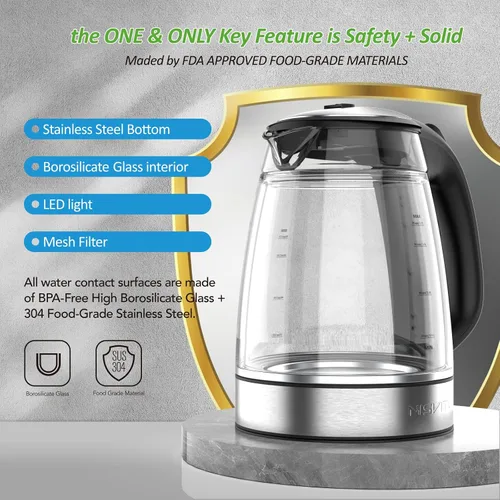 Miniatura 7 de NISVITU Hervidor eléctrico inalámbrico de vidrio y acero inoxidable para hervir agua, hervidor de agua caliente Hervidor eléctrico de té con apagado