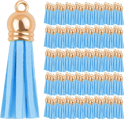 Miniatura 9 de Mandala Crafts 100 borlas de gamuza sintética color aguamarina con tapa dorada, suministros para hacer llaveros a granel, pequeñas borlas de cuero