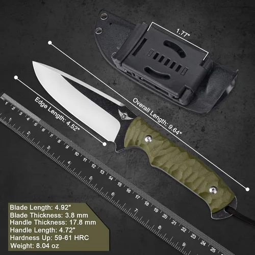 Miniatura 6 de KOMWERO Cuchillo de hoja fija con funda Kydex, hoja de acero D2 de 4.52", cuchillo de espiga completa con mango verde G10, cuchillos de caza al aire