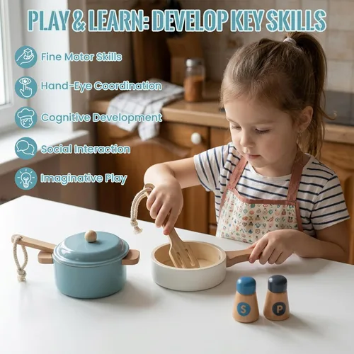 Miniatura 5 de Juguetes de cocina prémium para niños pequeños, utensilios de cocina de madera, accesorios para juego de cocina de simulación, juguete