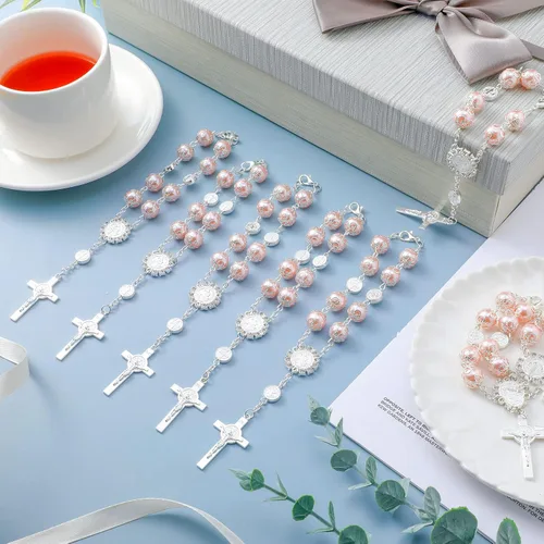 Miniatura 4 de Tudomro Rosario de cristal rosa, 24 piezas de rosario de bautismo, rosarios de dedo, perlas de imitación para bautismo, bautizo, comunión, recuerdos