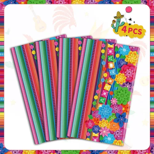 Miniatura 5 de Mantel de plástico para fiesta mexicana, 4 unidades, diseño de flores de papel a rayas mexicanas, decoración rectangular para fiesta de taco