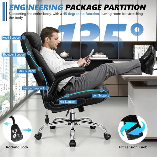 Miniatura 7 de Silla de oficina, silla de escritorio ergonómica grande y alta, silla ejecutiva de cuero para computadora con soporte lumbar ajustable, cómoda silla