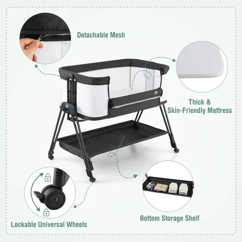 Miniatura 4 de BABY JOY Moisés para dormir junto a la cama, cuna plegable fácil con malla en todos los lados, estante de almacenamiento, 7 alturas ajustables, Negro