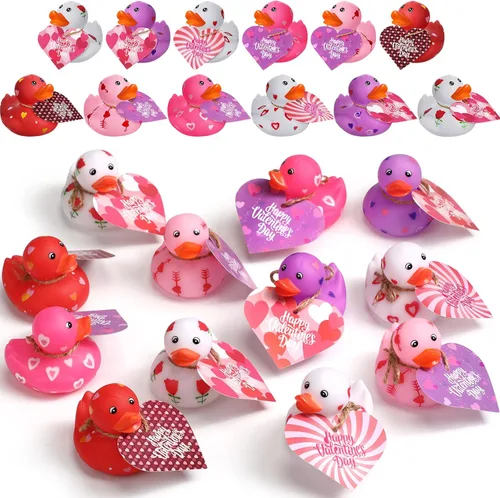 Jerify 48 patos de 2 pulgadas para San Valentín para niños, regalos de intercambio de aula, patos de goma para el día de San Valentín con tarjetas
