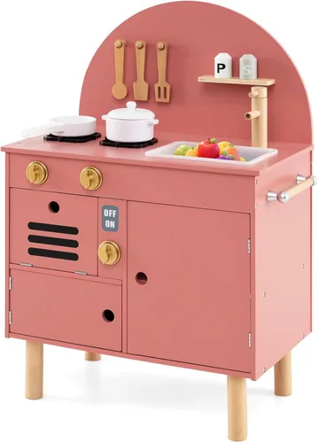 Miniatura 10 de Costzon Juego de cocina para niños, cocina con estufas, grifo, fregadero, microondas, gabinete, horno y accesorios de cocina, cocina de madera