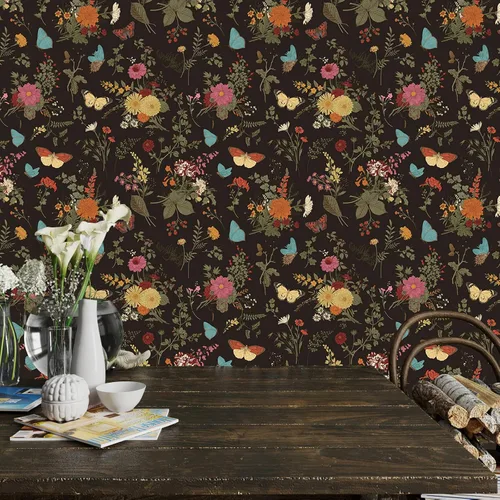 Miniatura 3 de VEELIKE Papel pintado de caléndulas oscuras, mariposas negras vintage, 17.7 x 118 pulgadas, mural de pared floral extraíble, papel de contacto