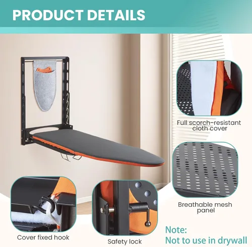 Miniatura 2 de Seiritex Tabla de planchar montada en la pared con soporte para plancha, 36 x 13 pulgadas, tabla de planchar plegable de montaje compacto