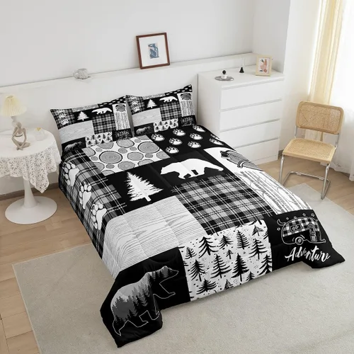 Miniatura 178 de Juego de edredón de cuernos de ciervo tamaño individual, juego de ropa de cama rústica de granja con huellas de oso y pinos para decoración