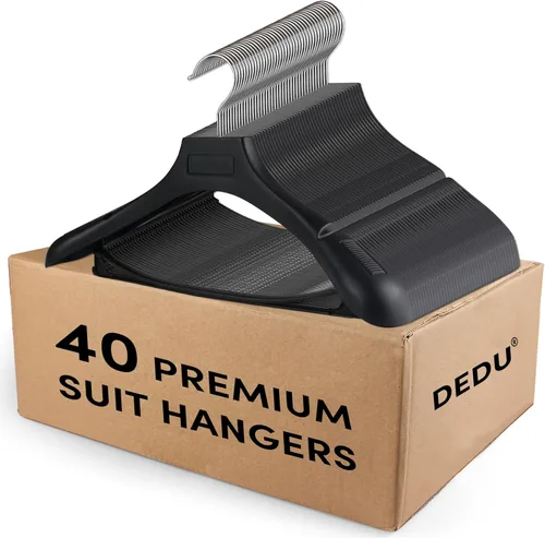 DEDU - Paquete de 40 perchas para trajes de caballero, perchas de abrigos negras extra anchas antideslizantes de 17.7 pulgadas de ancho, plástico