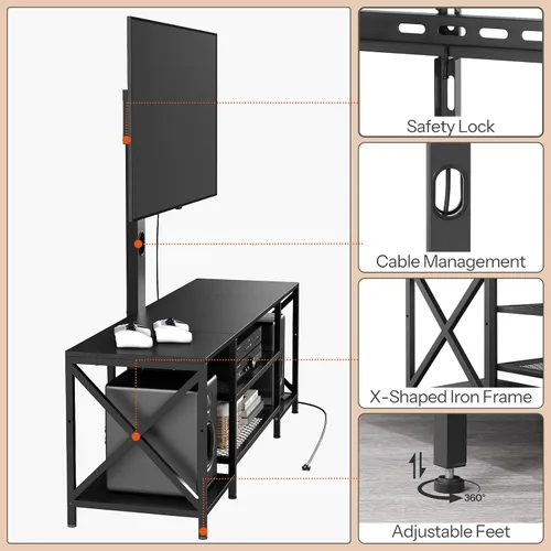 Miniatura 7 de HOOBRO Soporte de TV con soporte y toma de corriente, centro de entretenimiento LED con soporte giratorio para TV de 32/45/55/60/65/70/75 pulgadas