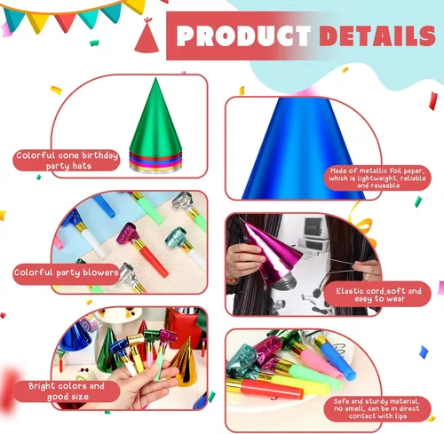 Miniatura 3 de Sotiff Juego de 200 sombreros y sopladores para fiesta de cumpleaños, cono colorido, sombrero metálico de papel de aluminio para niños y adultos