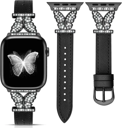 Miniatura 12 de JR.DM Correas de cuero para reloj para mujeres compatibles con Apple Watch 38mm 40mm 41mm 42mm (S10) con conector de mariposa brillante plateado