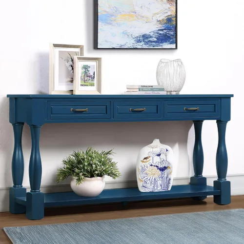 Miniatura 16 de RuiSiSi Mesa consola de 48 pulgadas con 3 cajones y 2 estantes, mesa de sofá de madera de granja para sala de estar, entrada, pasillo, color blanco
