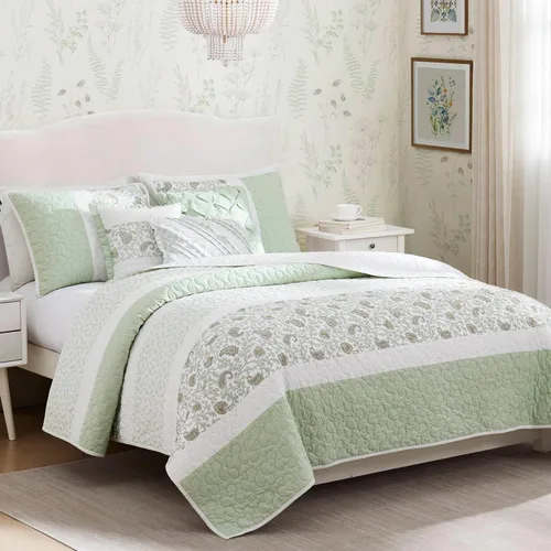 Miniatura 11 de Madison Park Set de colcha 100% algodón con estampado floral, costuras dobles, para todas las estaciones, colcha ligera de estilo shabby chic, Verde