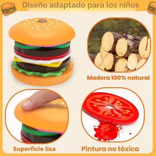 Miniatura 4 de Jumlys Montessori Juguetes de Madera Apilables de Hamburguesa para Niños de 2, 3, 4, 5 Años, Juguetes de Motricidad Fina para Niños y Niñas