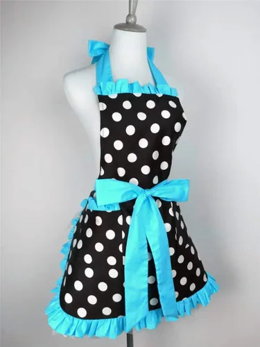 Miniatura 2 de Hyzrz Lindo delantal retro negro de lunares retro con volantes laterales vintage delantales de cocina con bolsillos para mujeres y niñas (lado azul)